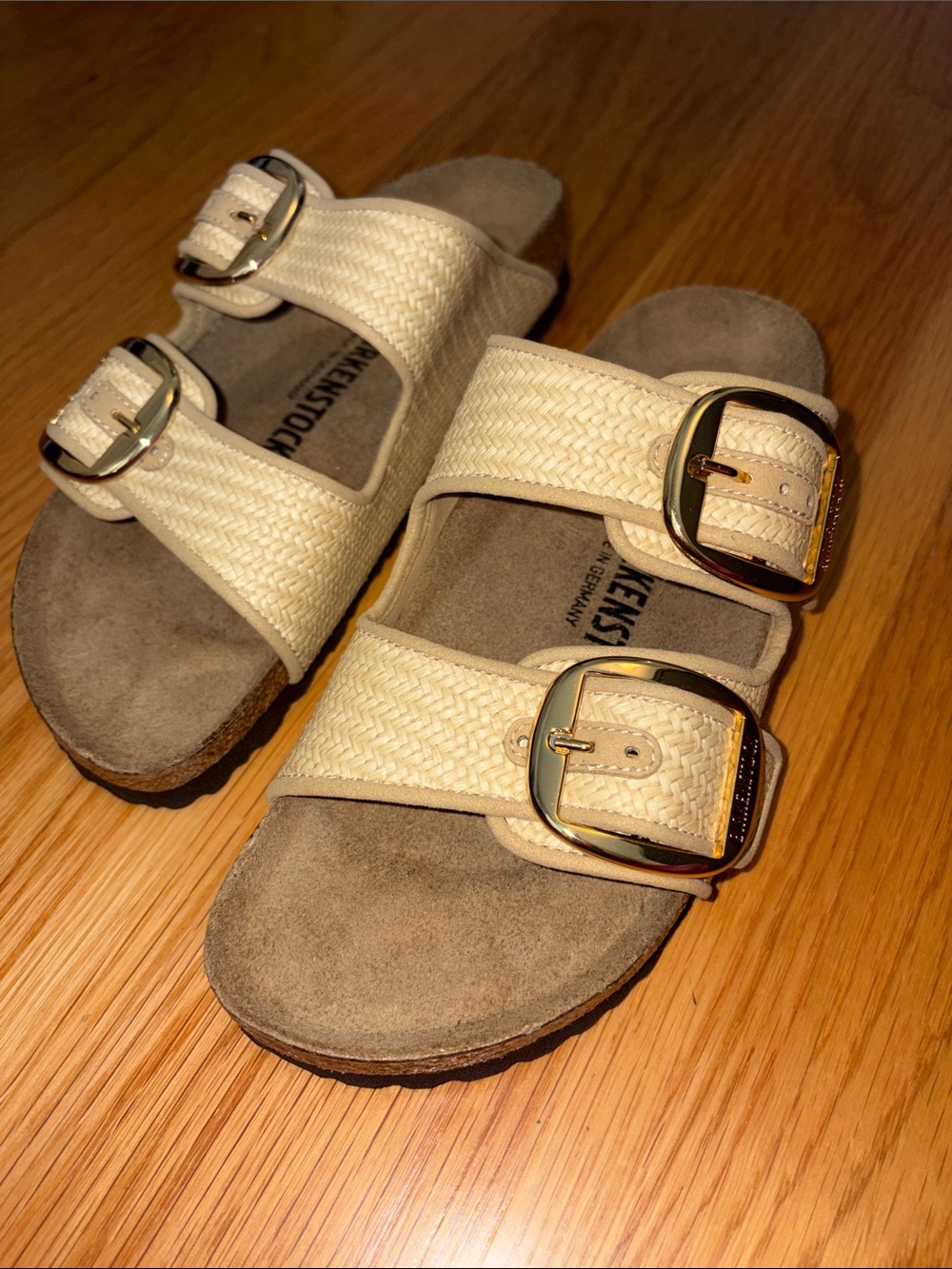 Birkenstock Cream Woven Double-Buckle Sandals with Gold Buckles